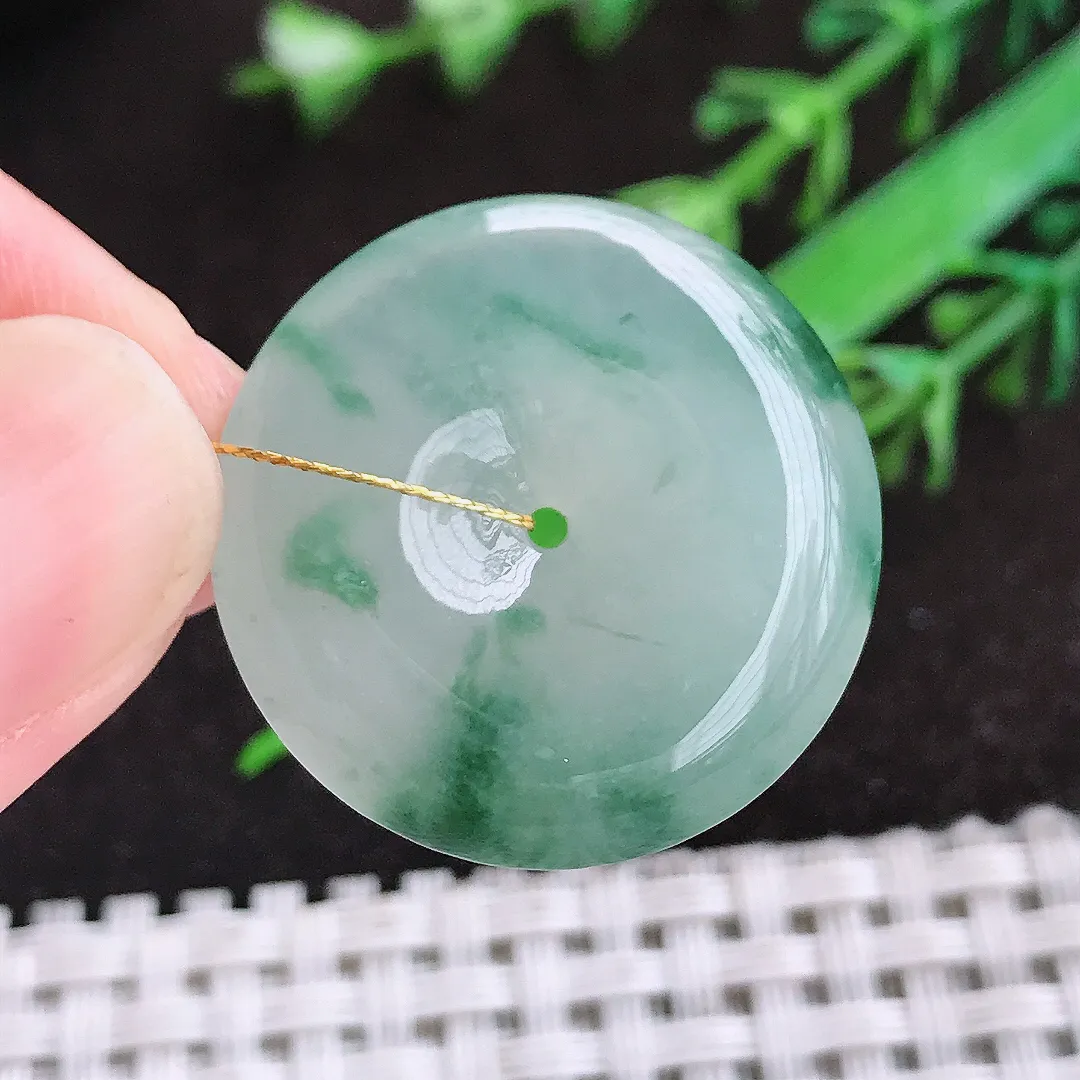 自然光33.8/5.4老坑冰胶水灵冰飘花平安扣吊坠翡翠玉扣挂件百搭