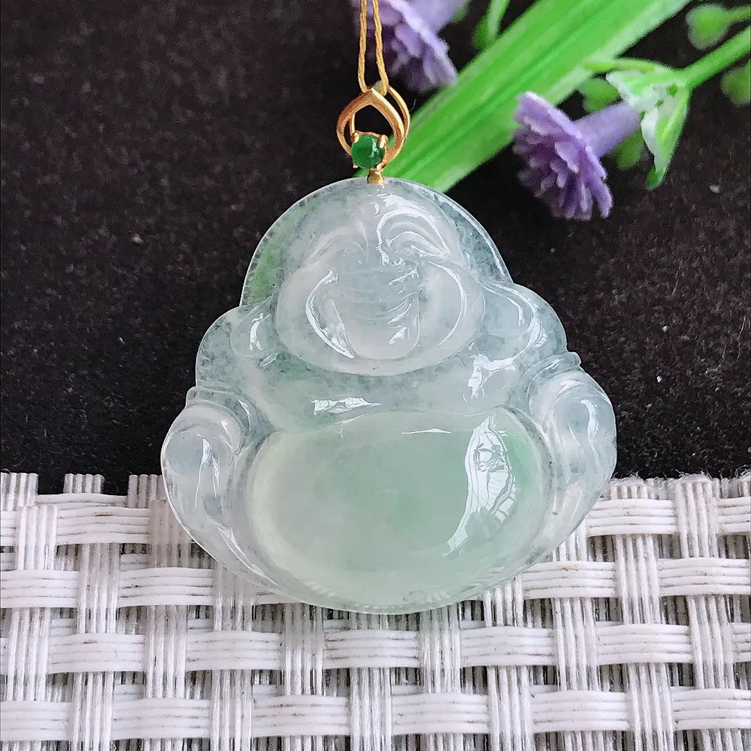自然光26.5/27.9/6.1老坑18k金镶嵌冰胶佛公吊坠翡翠玉坠挂件百搭