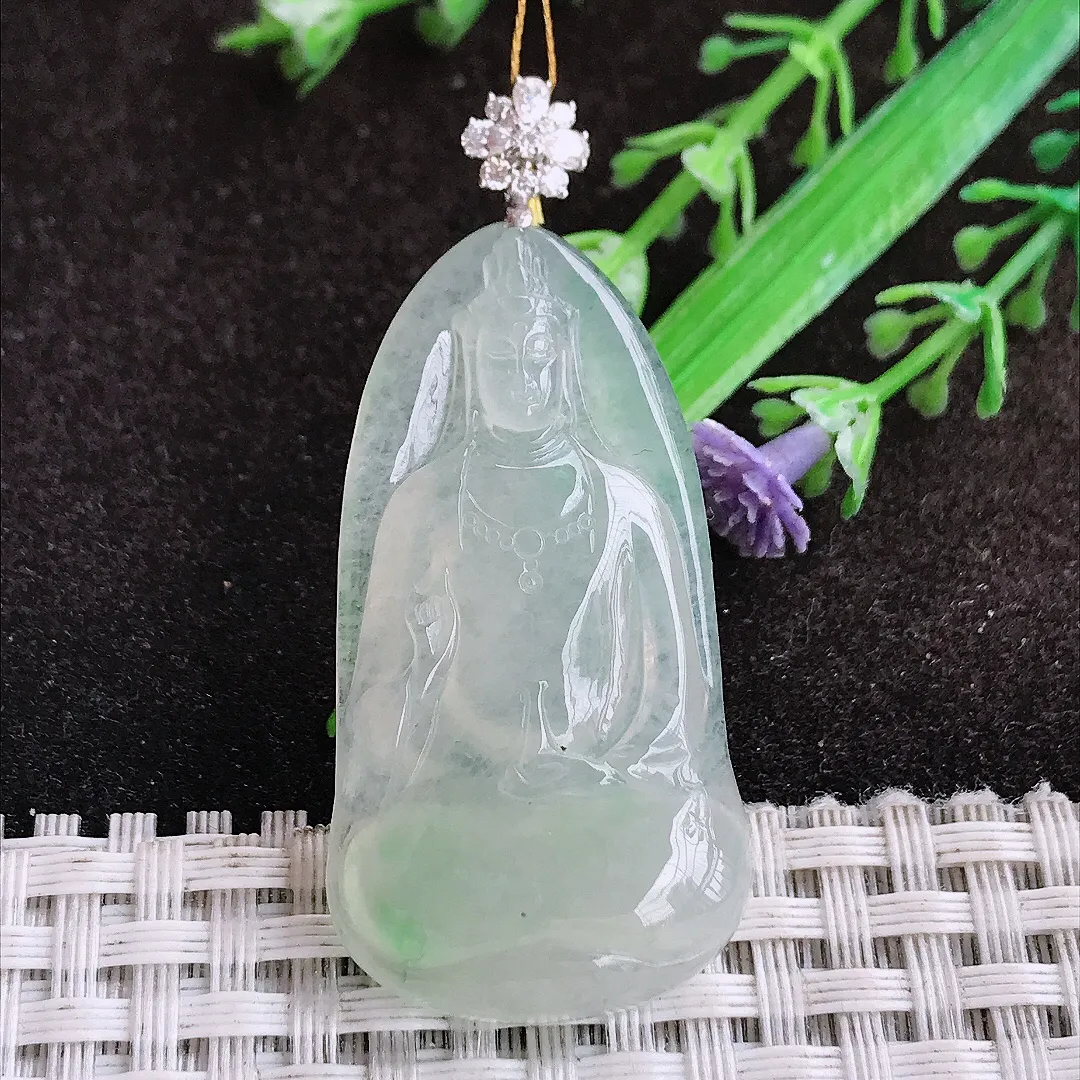 自然光43/22.7/5.5老坑18k金镶嵌冰胶水灵素衣观音吊坠翡翠玉坠挂件百搭