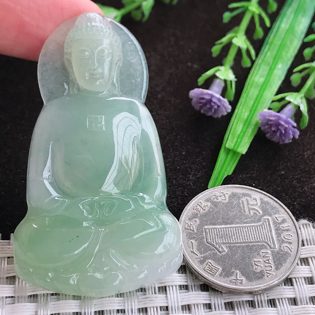 自然光55.8/32.4/5.2老坑冰透起胶冰晴绿大日如来佛吊坠翡翠玉坠挂件百搭