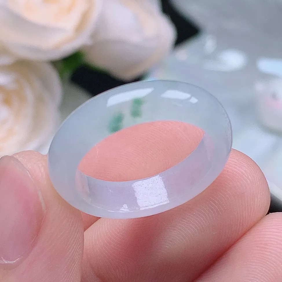 缅甸翡翠老坑种翡翠水润起胶飘花戒指玉指环  水润通透 尺寸：17.8-5.4-3.1mm 16号圈口1S