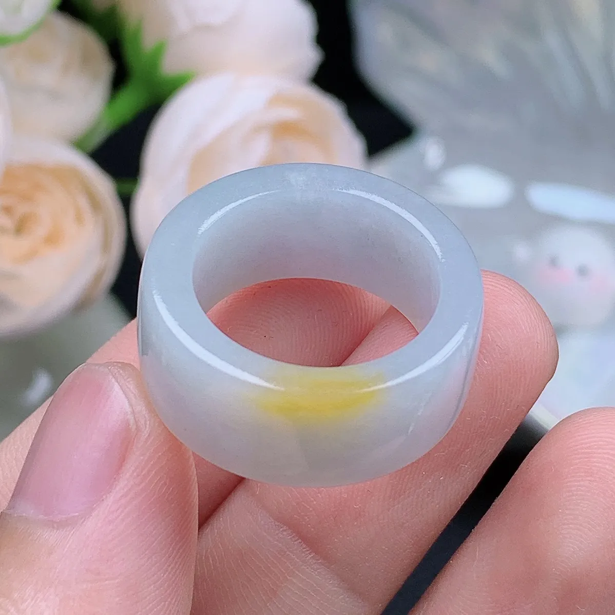 缅甸翡翠老坑种翡翠水润飘黄翡方戒戒指玉扳指  水润通透 尺寸：18.3-10.2-3.8mm 18号圈口1S