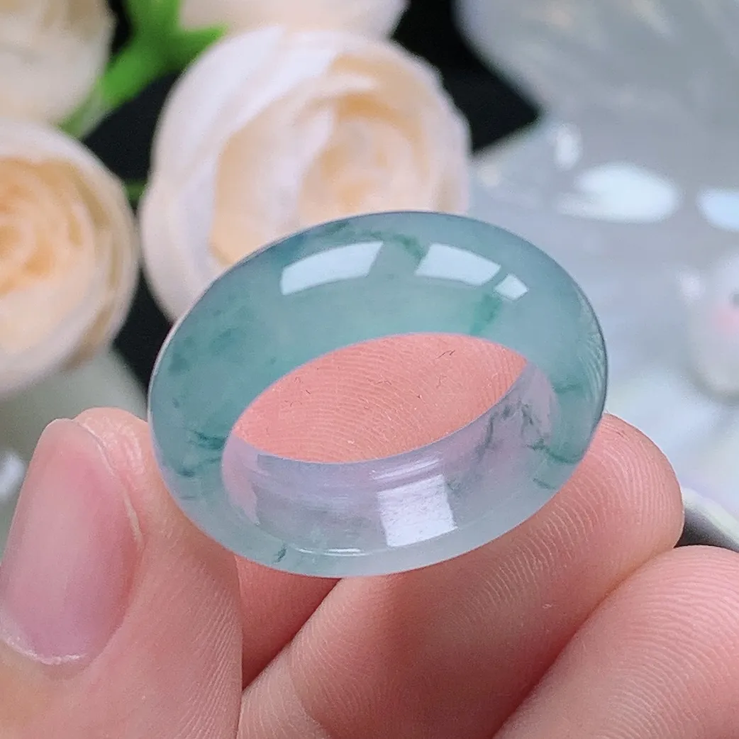 缅甸翡翠老坑冰种翡翠水润起胶宽边飘花戒指玉指环  水润通透 尺寸：18-7.8-3.6mm 17-18号圈口1S