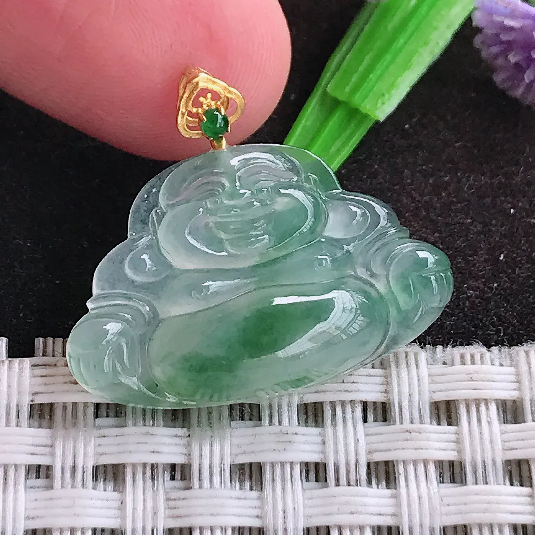 自然光15.8/24.5/4.7老坑18k金镶嵌冰种飘花小佛公吊坠翡翠玉坠挂件百搭