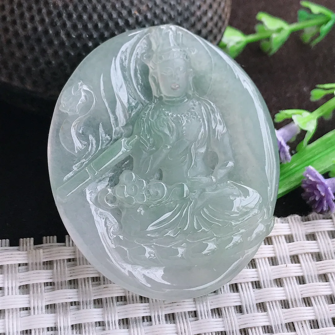 自然光48.6/42/5.3老坑冰胶水灵赐福观音吊坠翡翠玉坠挂件百搭