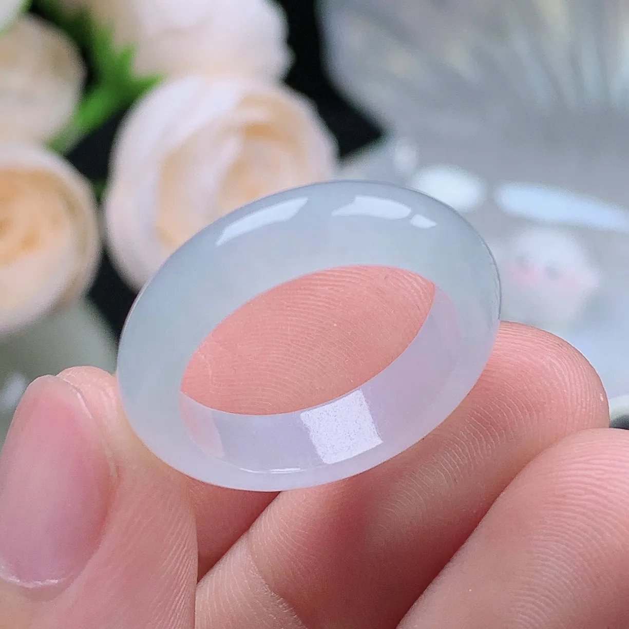 缅甸翡翠老坑种翡翠水润起胶白月光戒指玉指环  水润通透 尺寸：18.1-5.7-3.5mm 17号圈