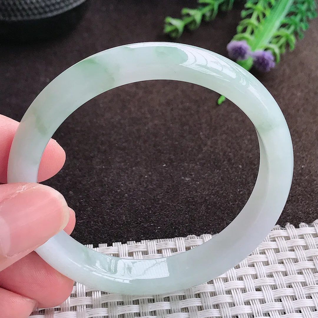 自然光55.5/10/7老坑冰胶水灵飘花手镯宽边翡翠玉镯美人镯