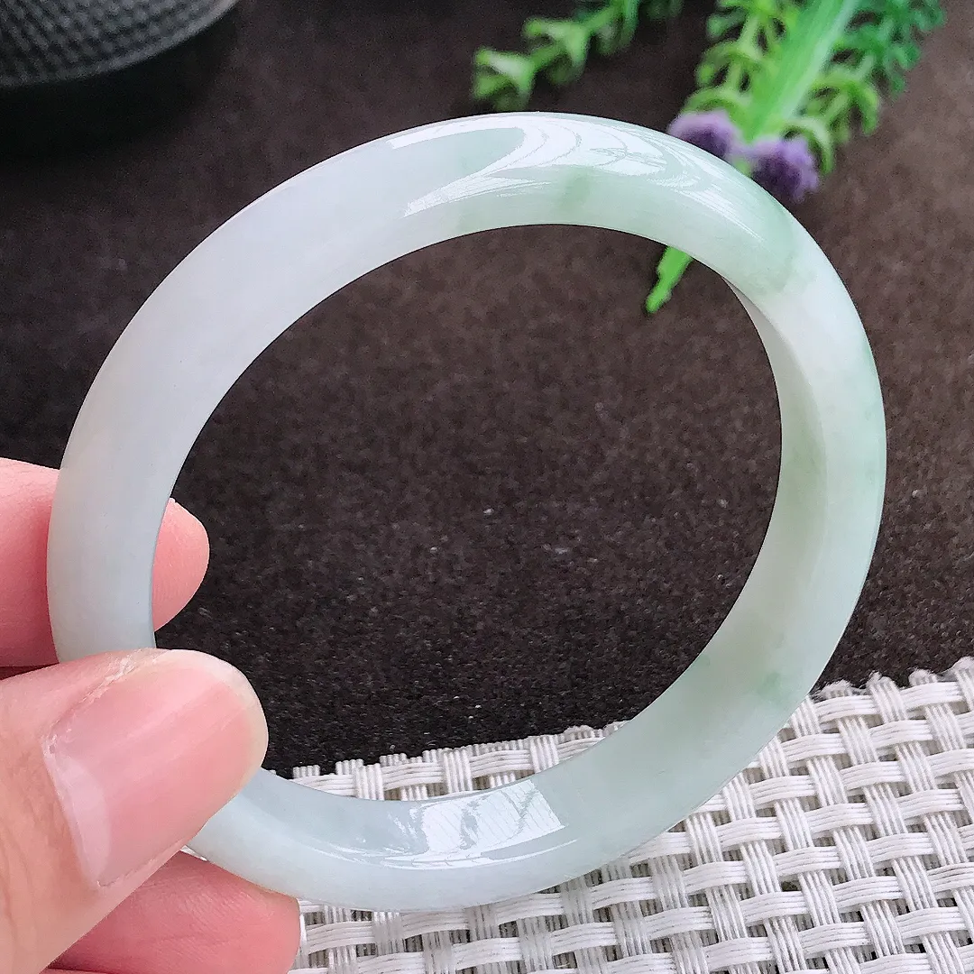 自然光55.5/10/7老坑冰胶水灵飘花手镯宽边翡翠玉镯美人镯