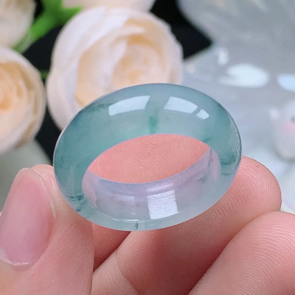 缅甸翡翠老坑冰种翡翠水润起胶宽边飘花戒指玉指环  水润通透 尺寸：18-7.8-3.6mm 17-18号圈口1S