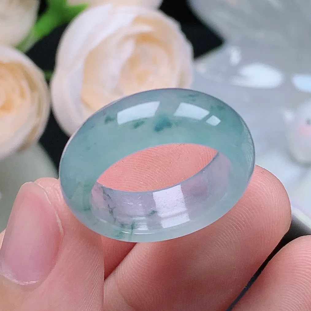 缅甸翡翠老坑冰种翡翠水润起胶宽边飘花戒指玉指环  水润通透 尺寸：18-7.8-3.6mm 17-1