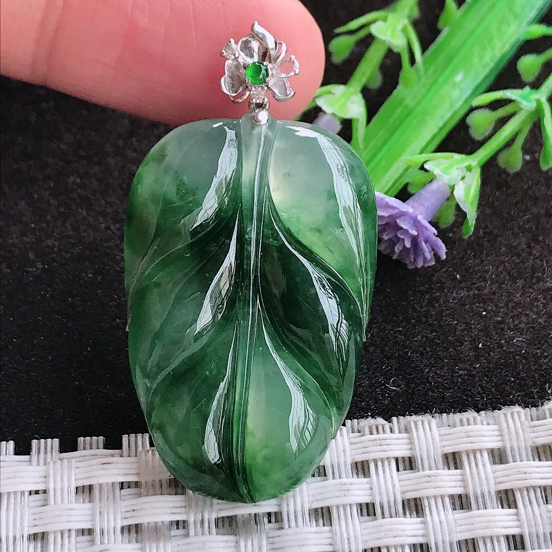 自然光34/22.7/5.1老坑18k金镶嵌冰胶飘花叶子吊坠翡翠玉坠挂件百搭