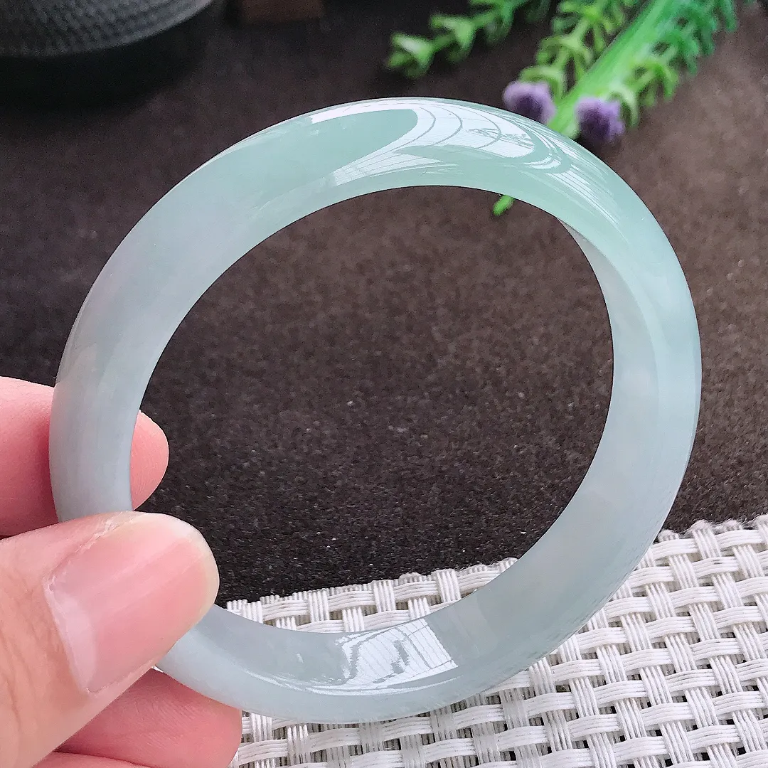 自然光56.5/12.8/7.2老坑冰胶水灵天空蓝手镯宽边翡翠玉镯美人镯