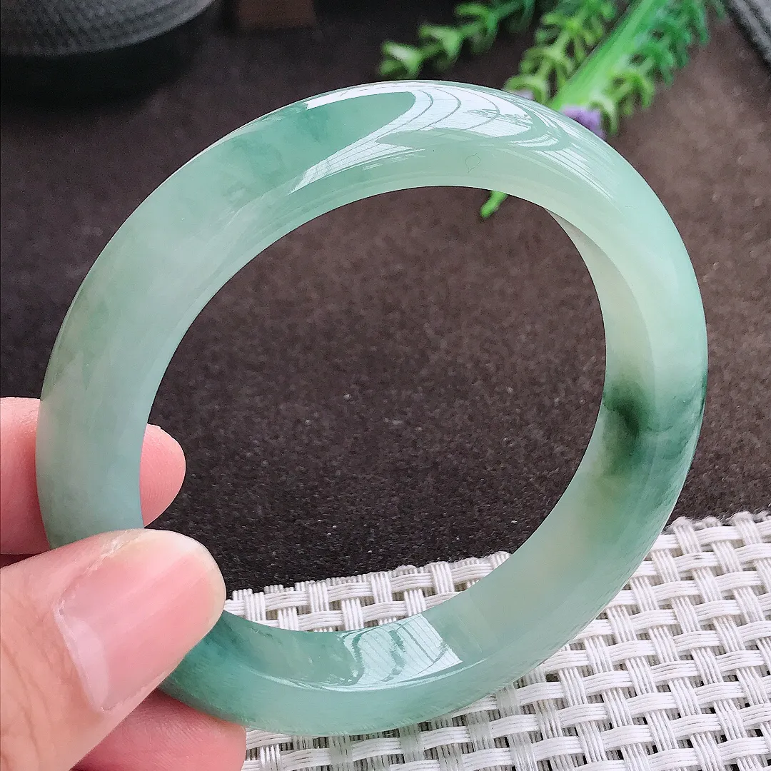 自然光58/12.5/9老坑冰胶果冻飘花手镯宽边翡翠玉镯美人镯