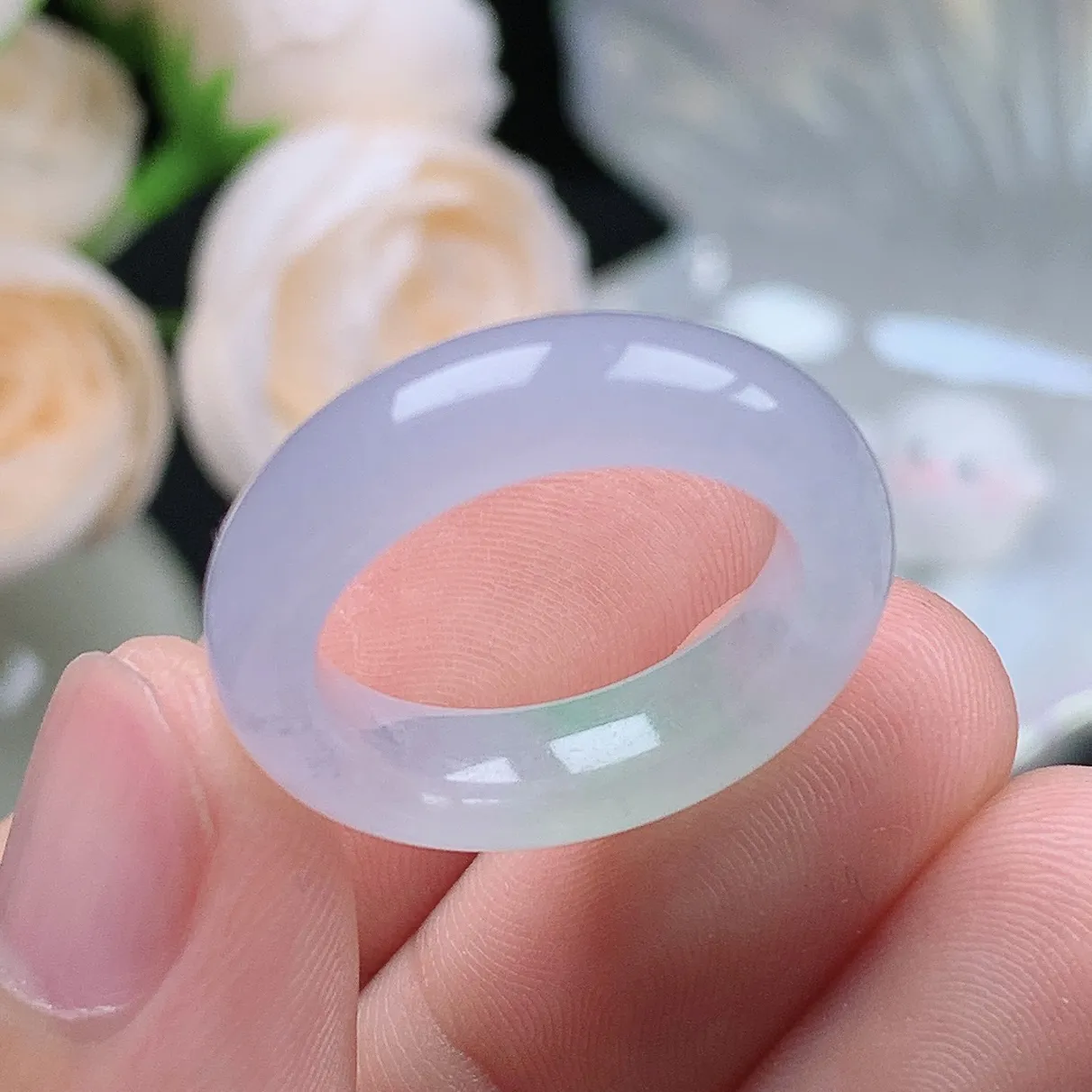 缅甸翡翠老坑冰种翡翠水润起胶紫罗兰飘绿春彩戒指玉指环  水润通透 尺寸：17.3-5.2-4.1mm 15号圈口1S