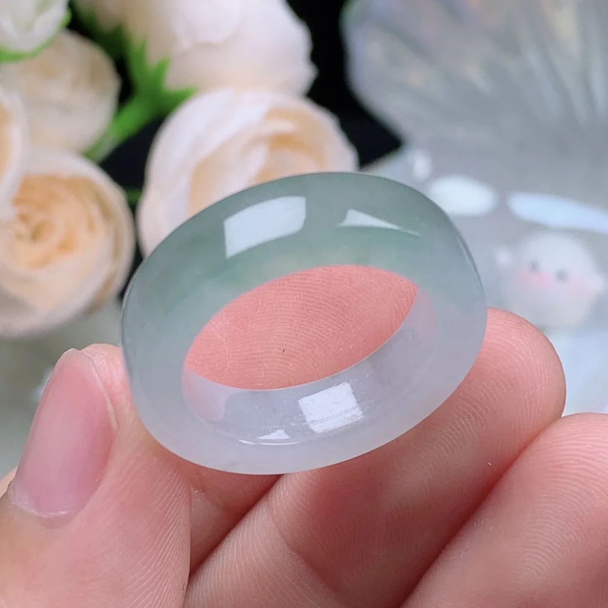 缅甸翡翠老坑种翡翠水润起胶半山水方戒指玉指环  水润通透 尺寸：19.2-6.5-4.3mm 21-