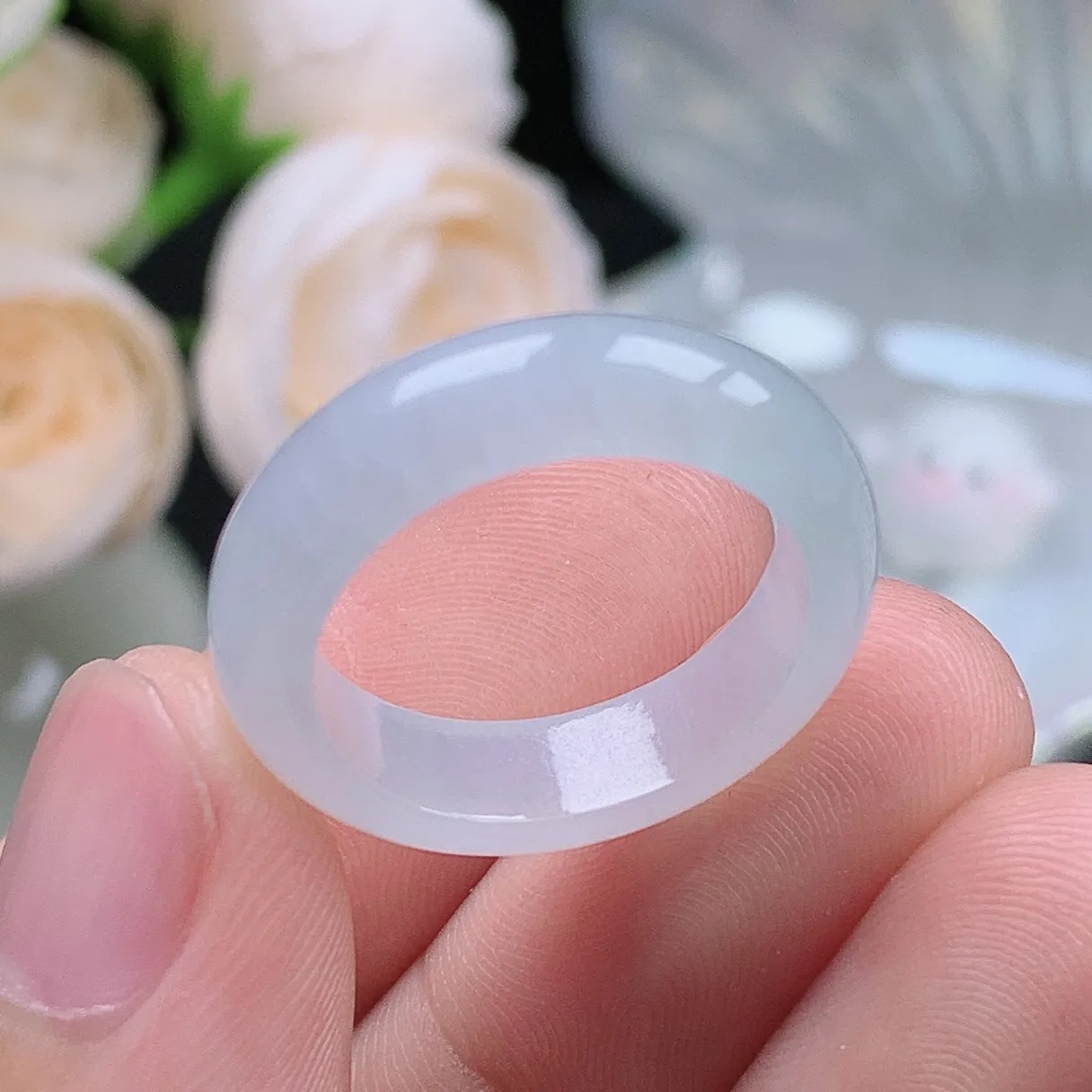 缅甸翡翠老坑种翡翠水润起胶白月光戒指玉指环  水润通透 尺寸：18.1-5.7-3.5mm 17号圈口1S