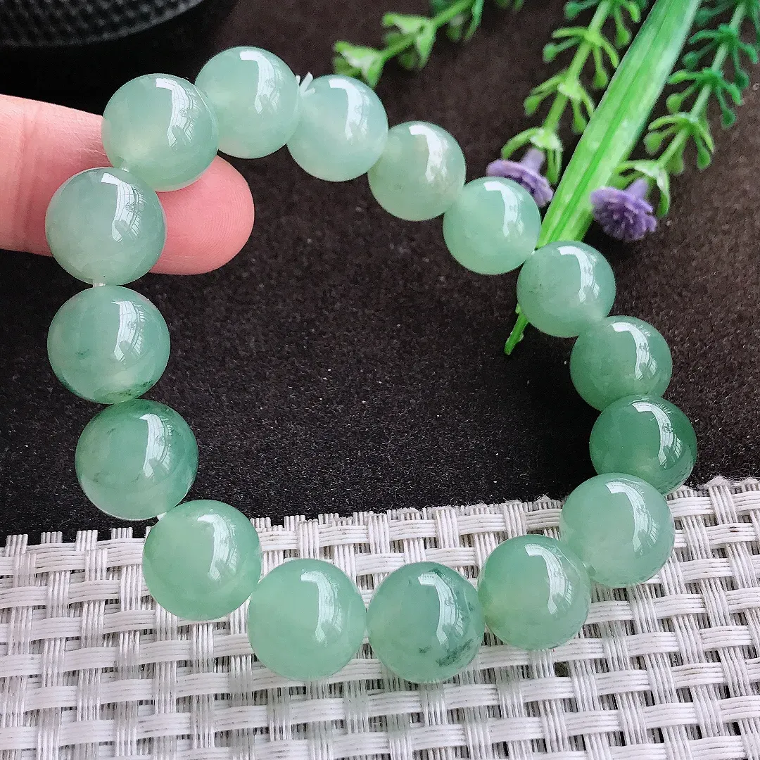 自然光12.6/16颗老坑冰胶果冻冰晴飘花圆珠手链翡翠玉手串