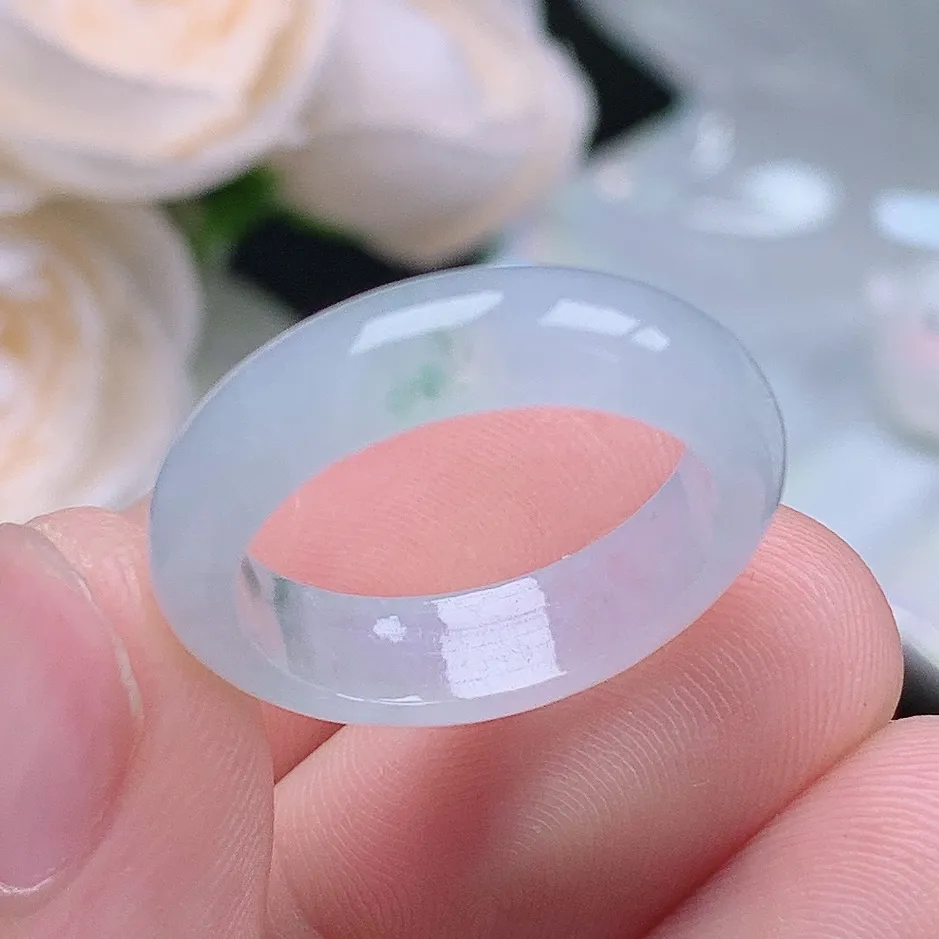 缅甸翡翠老坑种翡翠水润起胶飘花戒指玉指环  水润通透 尺寸：17.8-5.4-3.1mm 16号圈口1S
