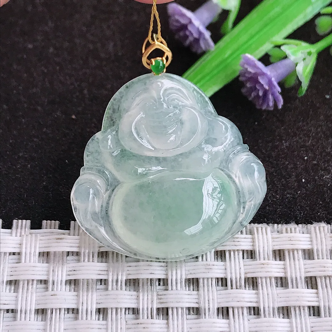 自然光26.5/27.9/6.1老坑18k金镶嵌冰胶佛公吊坠翡翠玉坠挂件百搭