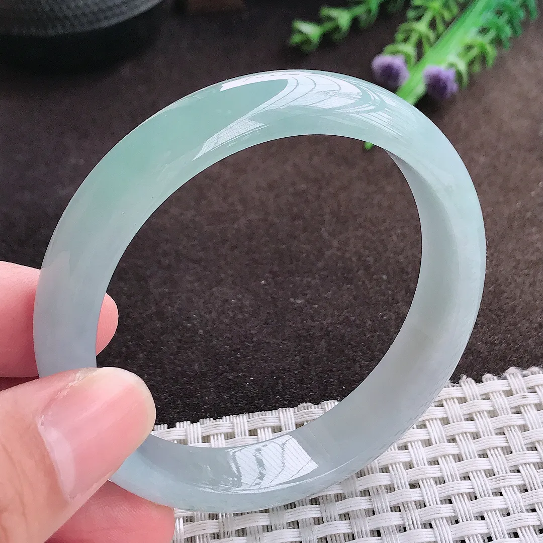 自然光56.5/12.8/7.2老坑冰胶水灵天空蓝手镯宽边翡翠玉镯美人镯