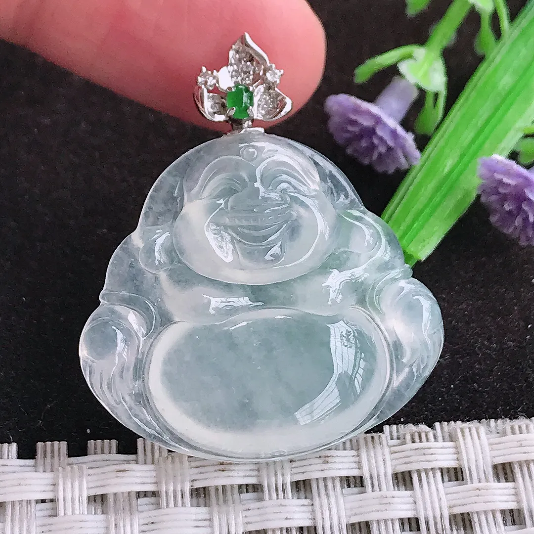 自然光26.8/30/5.7老坑18k金镶嵌冰种佛公吊坠翡翠白冰玉佛挂件百搭