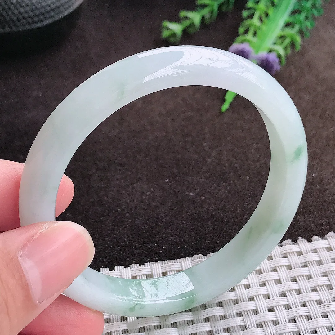 自然光55.5/10/7老坑冰胶水灵飘花手镯宽边翡翠玉镯美人镯