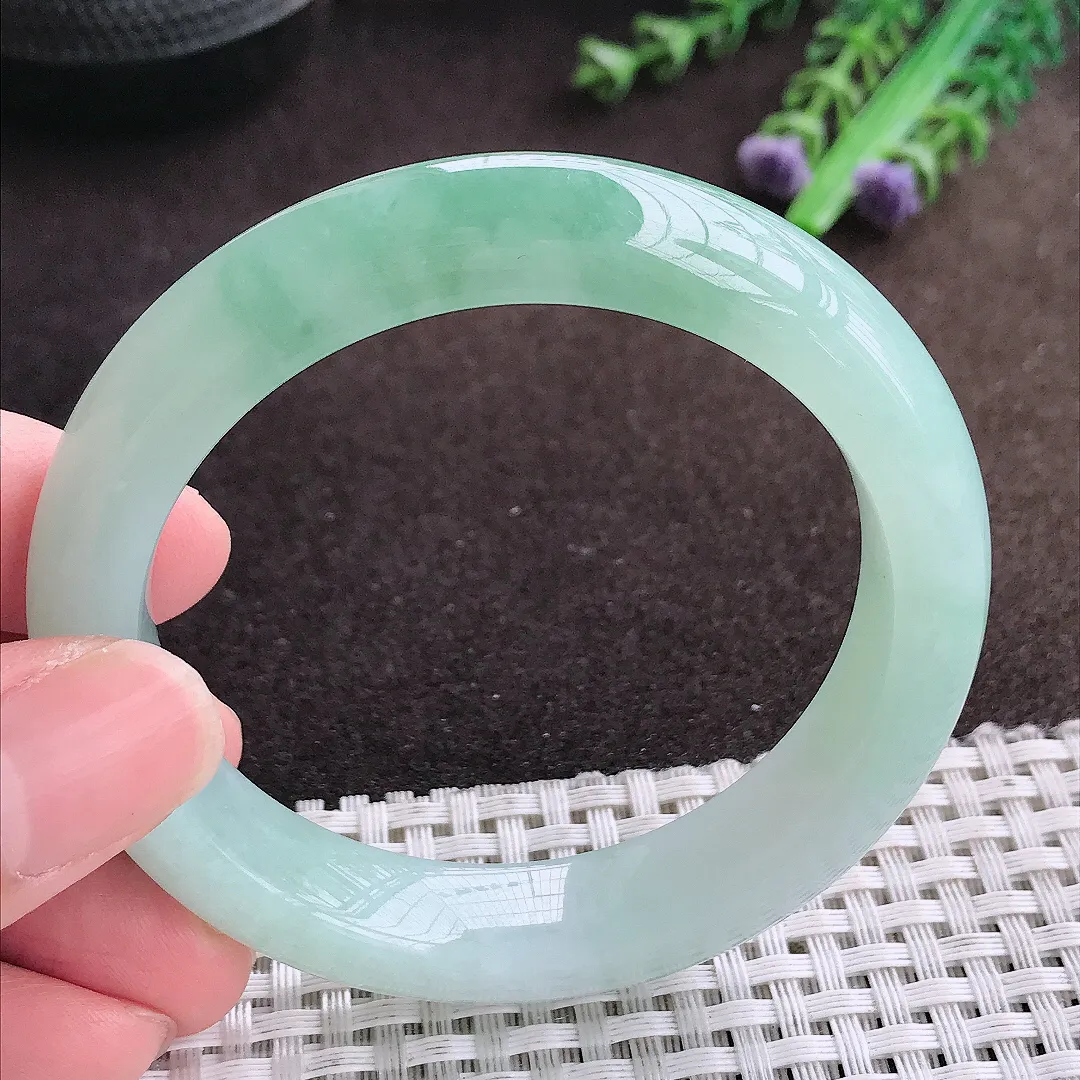 自然光54.5/12.1/9老坑冰胶水灵冰飘花手镯宽边翡翠玉镯美人镯