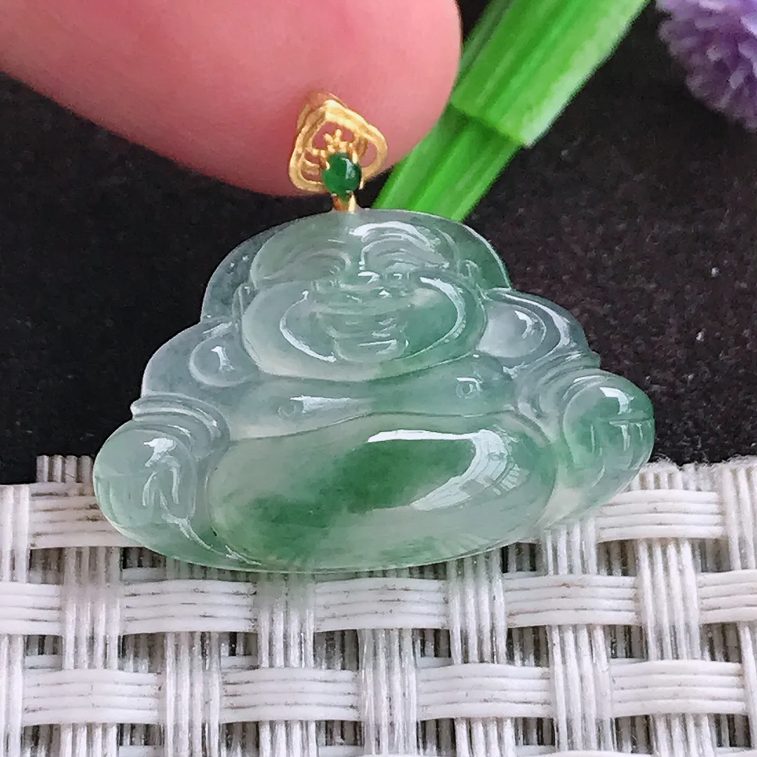 自然光15.8/24.5/4.7老坑18k金镶嵌冰种飘花小佛公吊坠翡翠玉坠挂件百搭