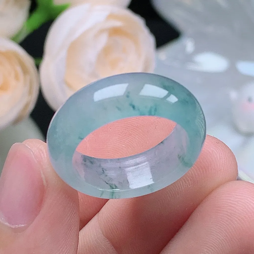 缅甸翡翠老坑冰种翡翠水润起胶宽边飘花戒指玉指环  水润通透 尺寸：18-7.8-3.6mm 17-18号圈口1S