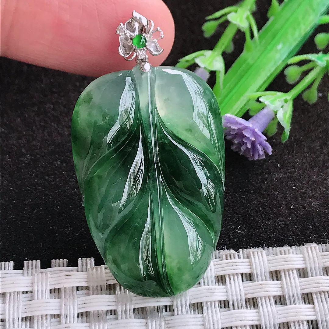 自然光34/22.7/5.1老坑18k金镶嵌冰胶飘花叶子吊坠翡翠玉坠挂件百搭