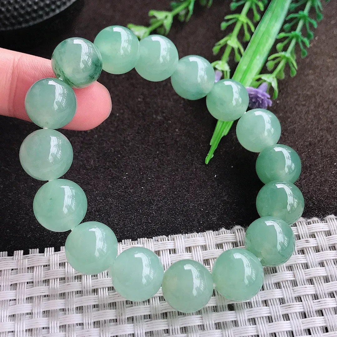 自然光12.6/16颗老坑冰胶果冻冰晴飘花圆珠手链翡翠玉手串