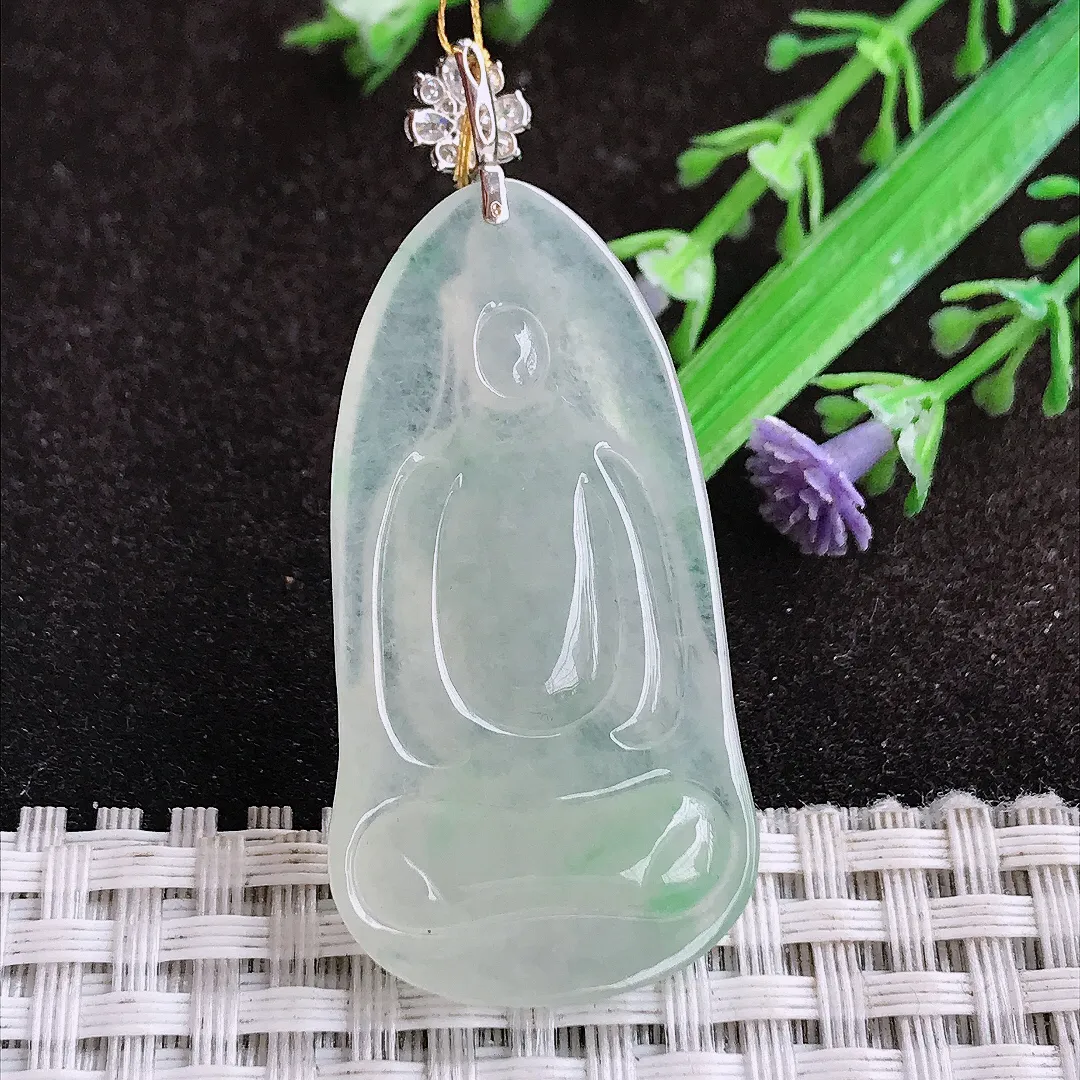 自然光43/22.7/5.5老坑18k金镶嵌冰胶水灵素衣观音吊坠翡翠玉坠挂件百搭