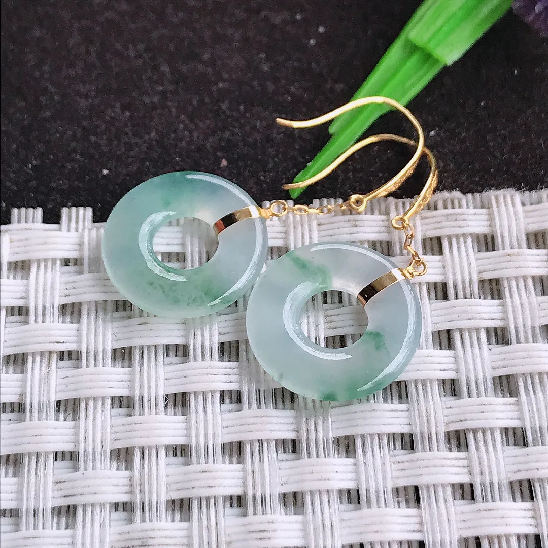 自然光13.5/2.2老坑18k金镶嵌冰种飘花平安环耳坠翡翠玉环