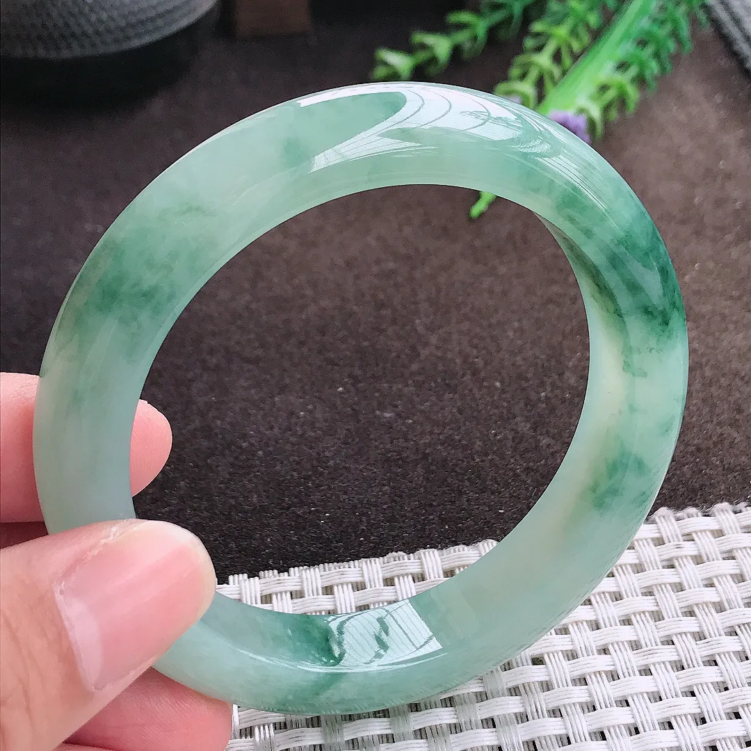 自然光58/12.5/9老坑冰胶果冻飘花手镯宽边翡翠玉镯美人镯