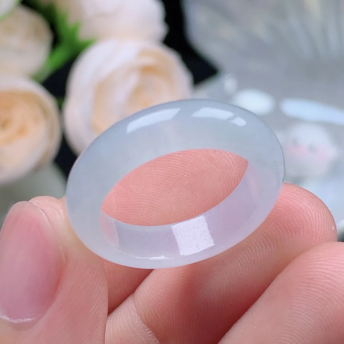 缅甸翡翠老坑种翡翠水润起胶白月光戒指玉指环  水润通透 尺寸：18.1-5.7-3.5mm 17号圈口1S