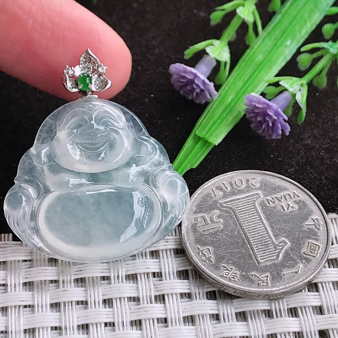 自然光26.8/30/5.7老坑18k金镶嵌冰种佛公吊坠翡翠白冰玉佛挂件百搭