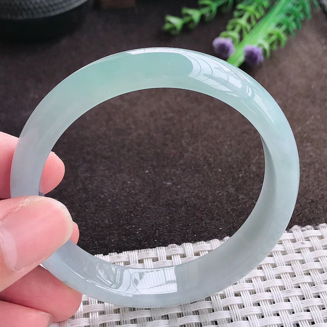 自然光56.5/12.8/7.2老坑冰胶水灵天空蓝手镯宽边翡翠玉镯美人镯