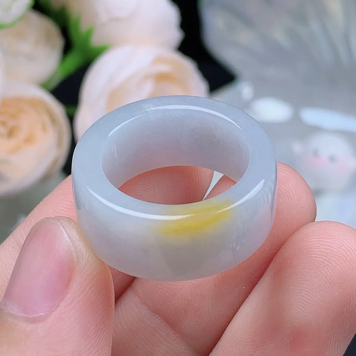 缅甸翡翠老坑种翡翠水润飘黄翡方戒戒指玉扳指  水润通透 尺寸：18.3-10.2-3.8mm 18号