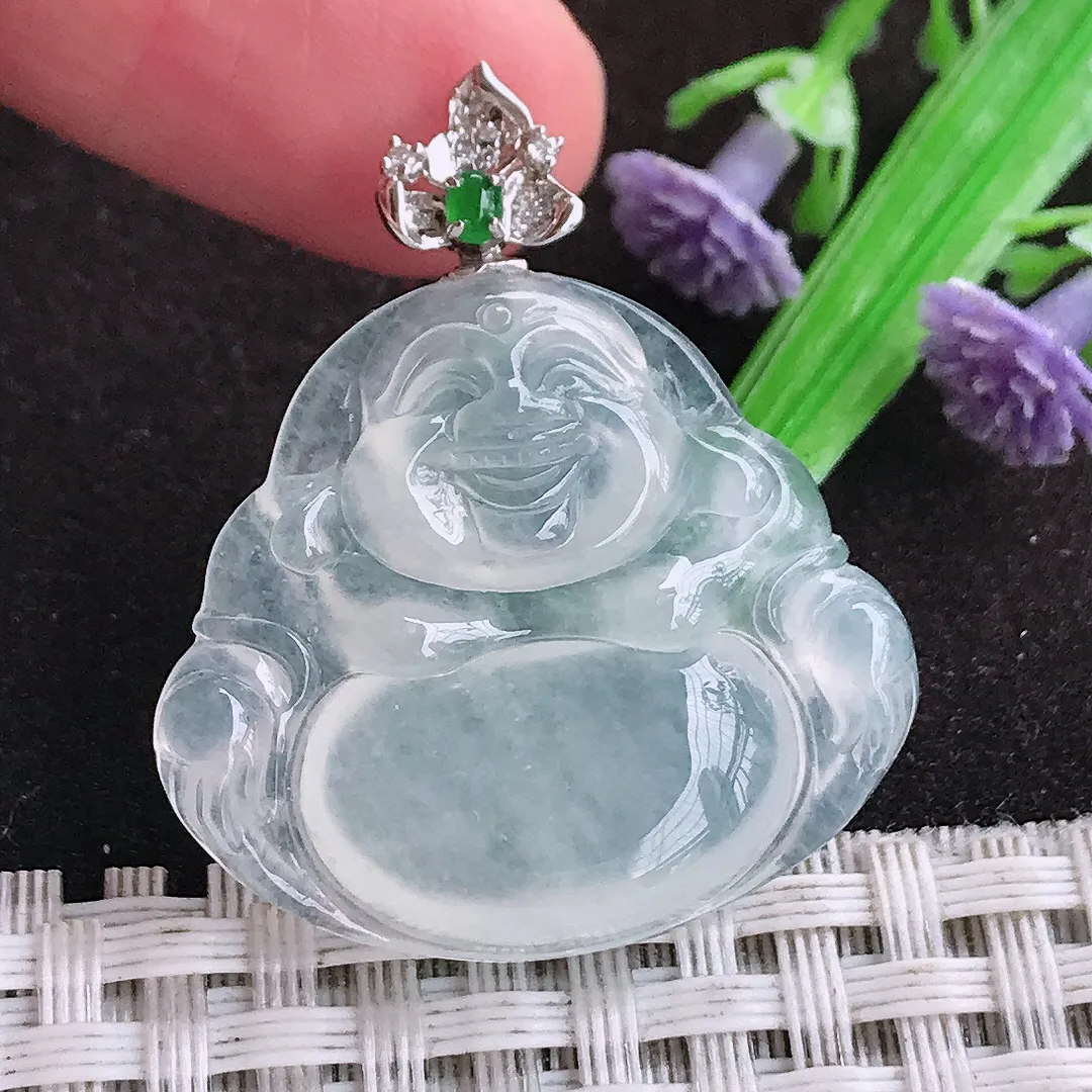 自然光26.8/30/5.7老坑18k金镶嵌冰种佛公吊坠翡翠白冰玉佛挂件百搭