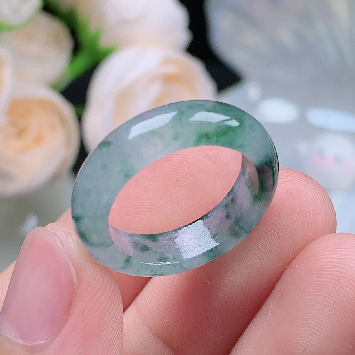 缅甸翡翠老坑冰种翡翠水润起胶飘花戒指玉指环  水润通透 尺寸：17.5-5.7-3.5mm 15-16号圈口1S