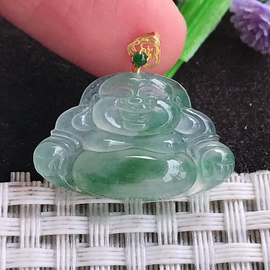 自然光15.8/24.5/4.7老坑18k金镶嵌冰种飘花小佛公吊坠翡翠玉坠挂件百搭