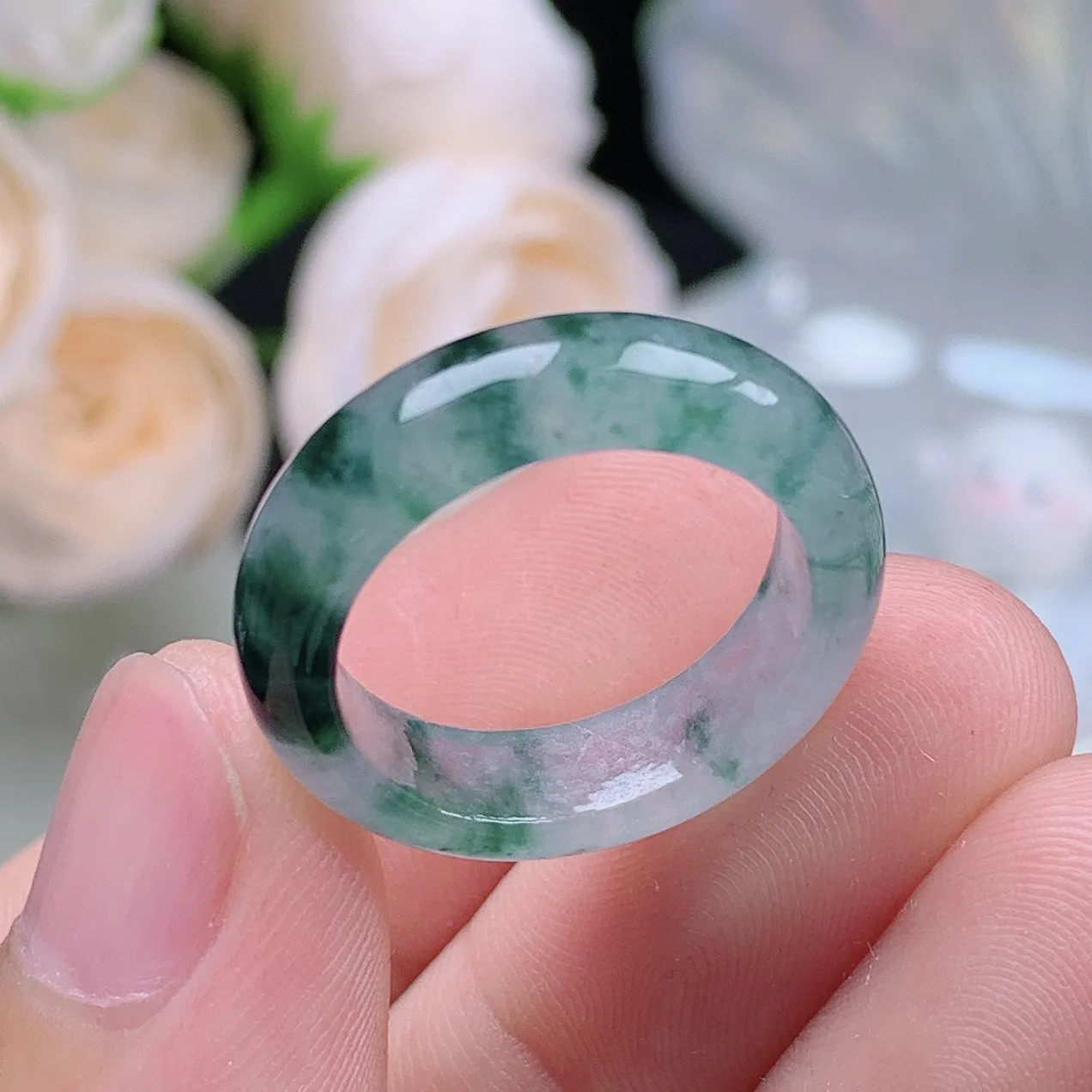 缅甸翡翠老坑冰种翡翠水润起胶飘花戒指玉指环  水润通透 尺寸：17.5-5.7-3.5mm 15-16号圈口1S