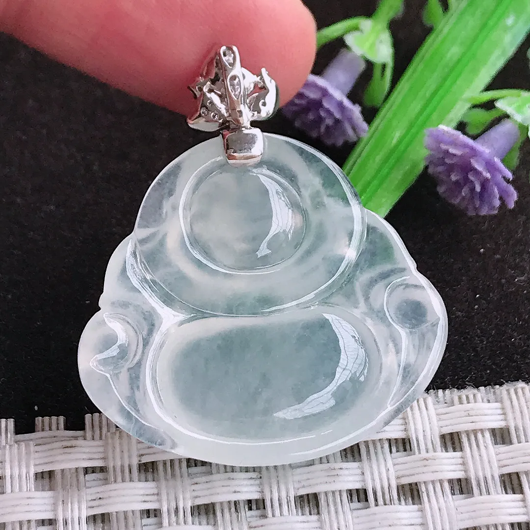 自然光26.8/30/5.7老坑18k金镶嵌冰种佛公吊坠翡翠白冰玉佛挂件百搭