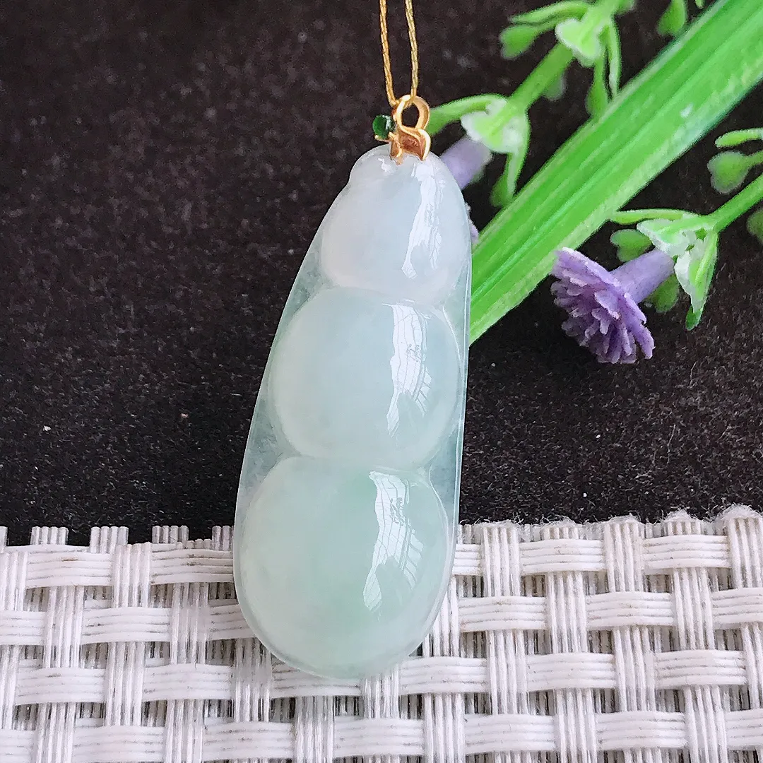 自然光35.6/14.5/5.1老坑18k金镶嵌秀气四季豆吊坠翡翠福豆玉坠挂件百搭