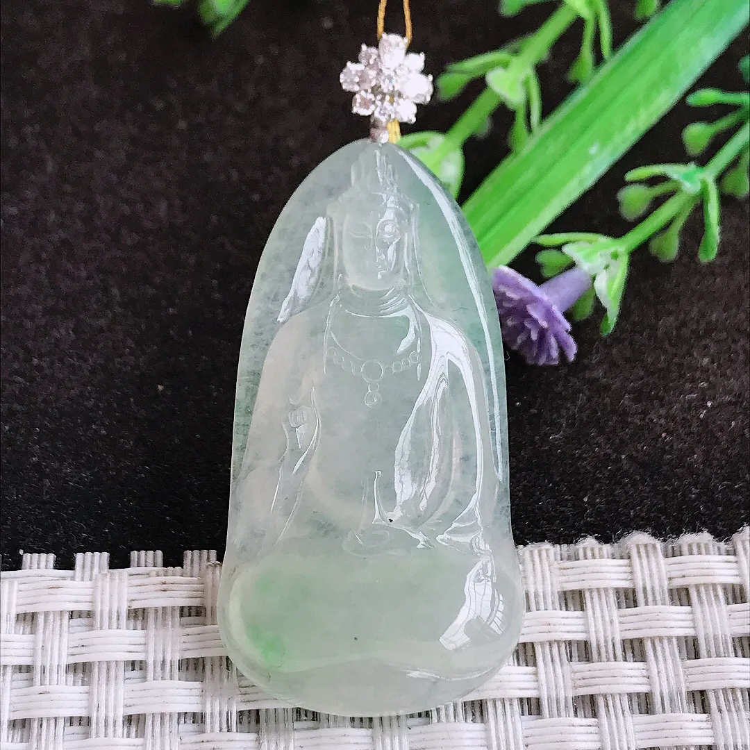 自然光43/22.7/5.5老坑18k金镶嵌冰胶水灵素衣观音吊坠翡翠玉坠挂件百搭