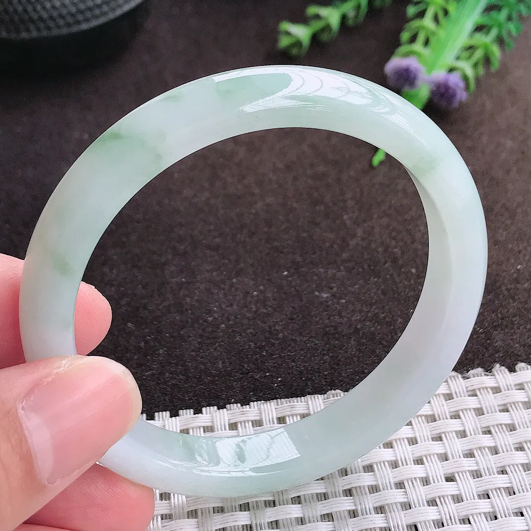 自然光55.5/10/7老坑冰胶水灵飘花手镯宽边翡翠玉镯美人镯