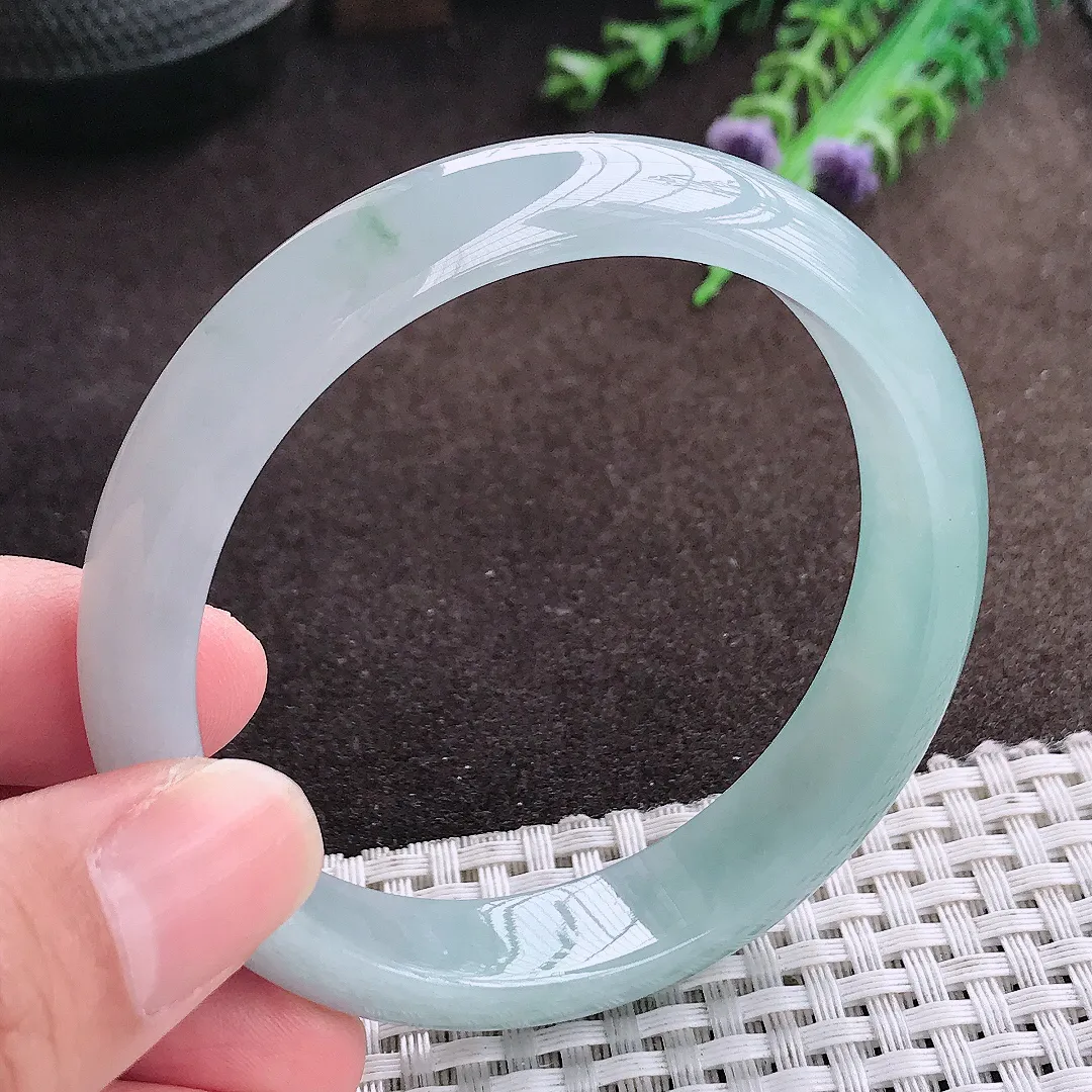 自然光56.5/12.8/7.2老坑冰胶水灵天空蓝手镯宽边翡翠玉镯美人镯