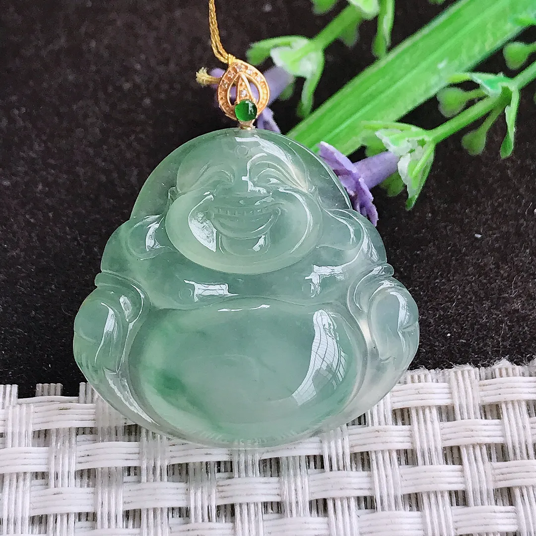 自然光29.3/31.2/5.6老坑18k金镶嵌冰种飘花佛公吊坠翡翠玉坠挂件百搭