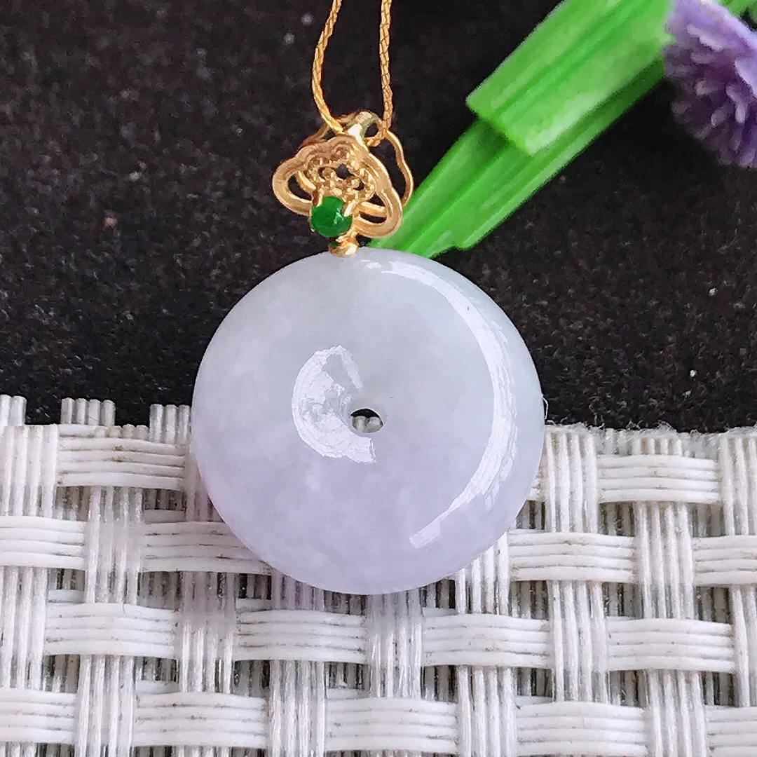 自然光15.5/5.4老坑18k金镶嵌秀气紫罗兰小平安扣吊坠翡翠玉坠挂件百搭