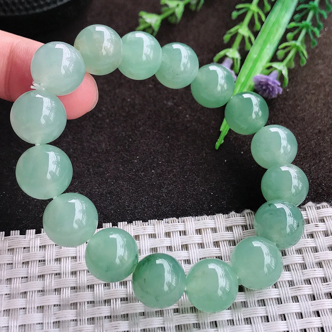 自然光12.6/16颗老坑冰胶果冻冰晴飘花圆珠手链翡翠玉手串
